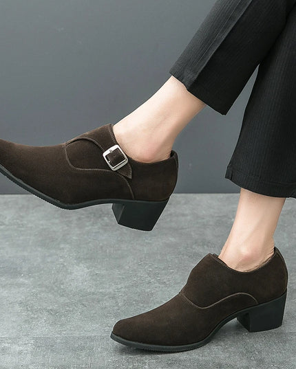 Men's 6CM Height-Boosting Platform Shoes with Pointed Toe and Buckle Decoration