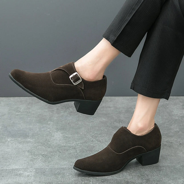 Men's 6CM Height-Boosting Platform Shoes with Pointed Toe and Buckle Decoration