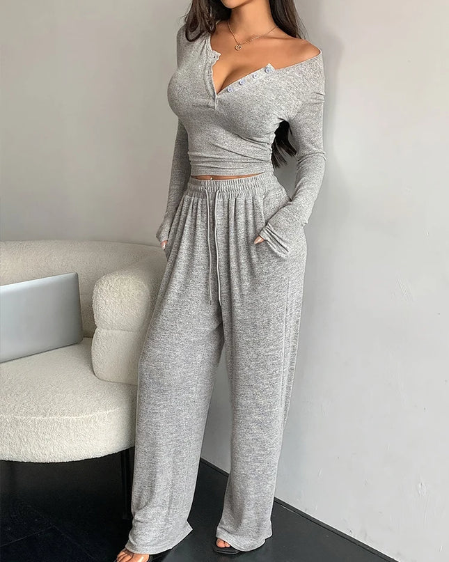 Women's Crop Top and Drawstring Pants Set - Two Piece Outfit