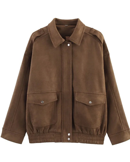 Stylish Women's Faux Suede Bomber Jackets with Zipper