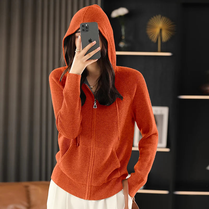 Women's Wool Blend Hoodie Sweater - Thick Knitted Zipper Cardigan with Hood