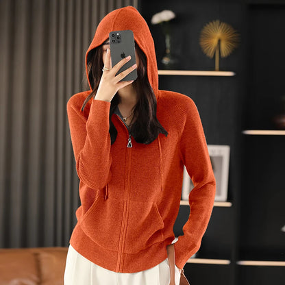 Women's Wool Blend Hoodie Sweater - Thick Knitted Zipper Cardigan with Hood