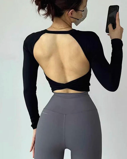 Long Sleeve Women's Yoga Top with Fixed Chest and Backless Design