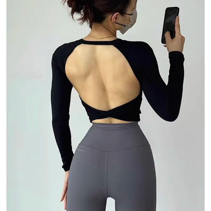 Long Sleeve Women's Yoga Top with Fixed Chest and Backless Design