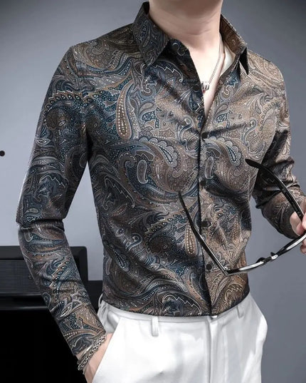 Retro Men's Long Sleeve Shirt – Casual Slim Fit Print Top for Men
