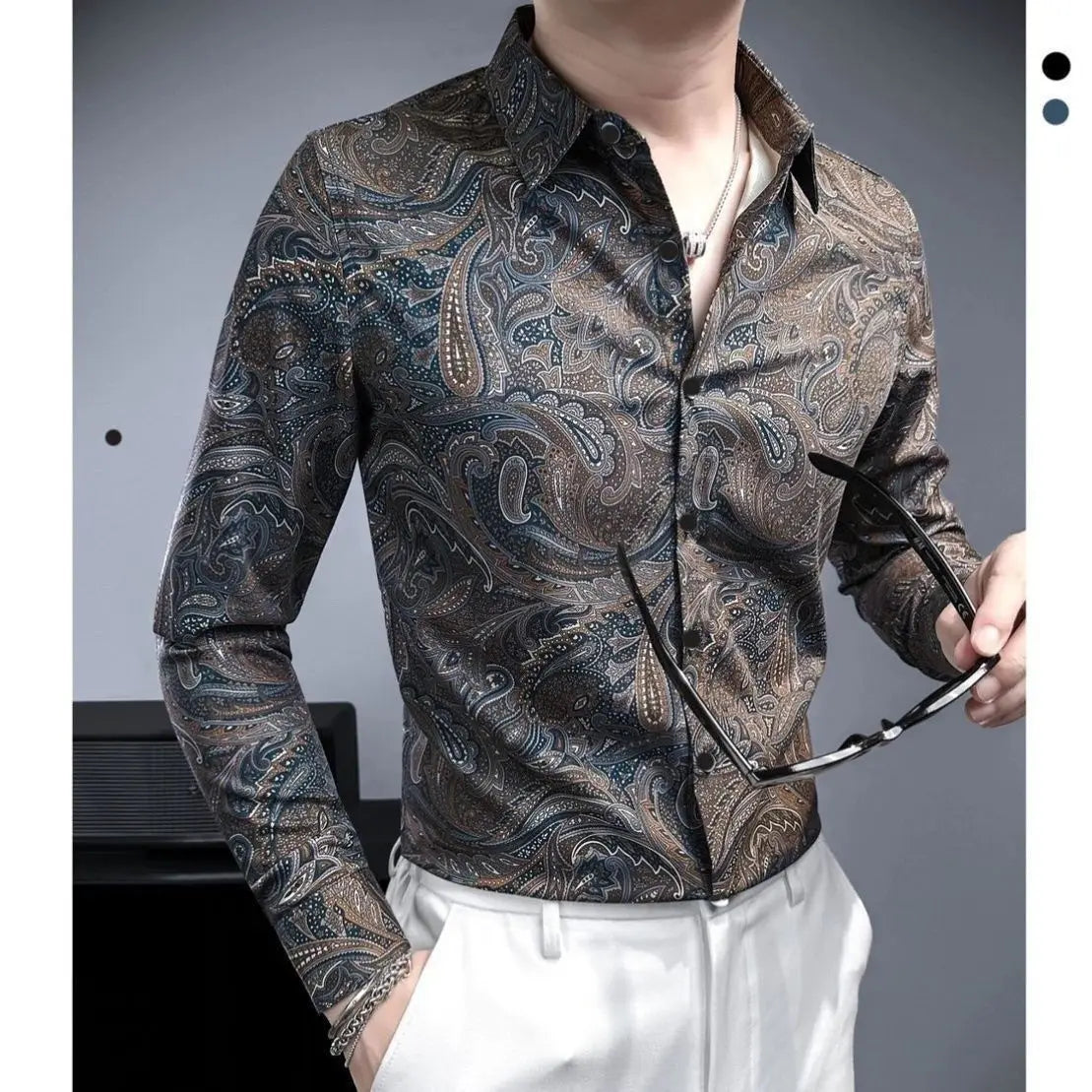 Retro Men's Long Sleeve Shirt – Casual Slim Fit Print Top for Men