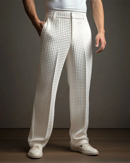 Men's Mid-Waist Twill Straight Leg Pants with Pockets - Casual Long