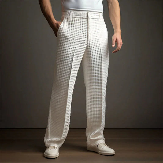 Men's Mid-Waist Twill Straight Leg Pants with Pockets - Casual Long