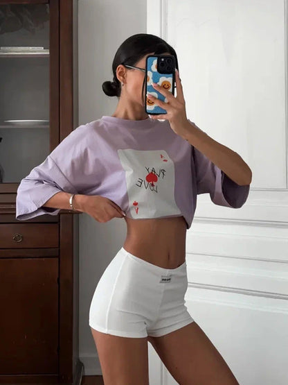 Women's Cotton Poker Card Print T-Shirt - Loose Fit, Casual Short Sleeve Tee for Women