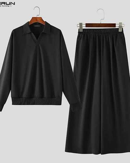 INCERUN Men’s Two-Piece Set with Long-Sleeve Sweatshirt and Wide-Leg Pants