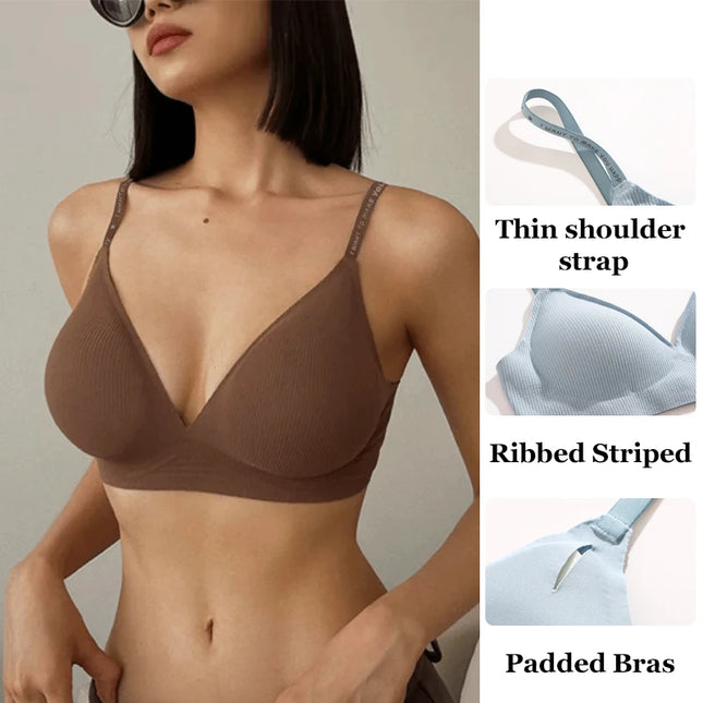FINETOO 3-Piece Women's Striped Wireless Padded Deep V Bra with Breathable Design and Adjustable Straps