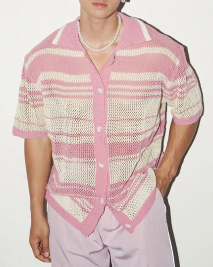 Men's Casual Loose Short-Sleeved Knitted Shirt with Lapel, Hollow-Out Design, and Stripes