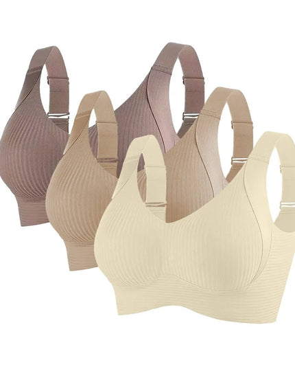 3-Piece Women's Non-Wire Push-Up Bra Set with Seamless Ribbed Design