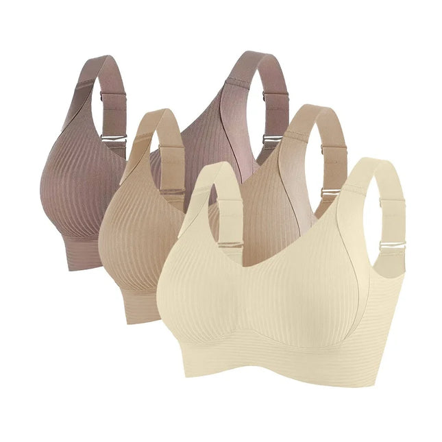 3-Piece Women's Non-Wire Push-Up Bra Set with Seamless Ribbed Design