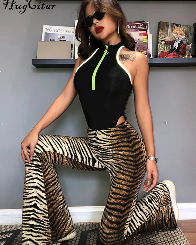 Hugcitar Women's High Waist Leopard Print Flare Pants