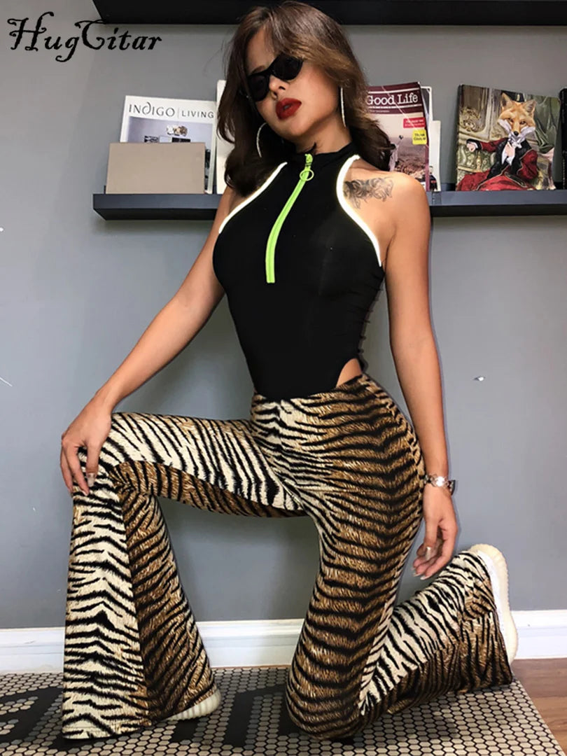 Hugcitar Women's High Waist Leopard Print Flare Pants