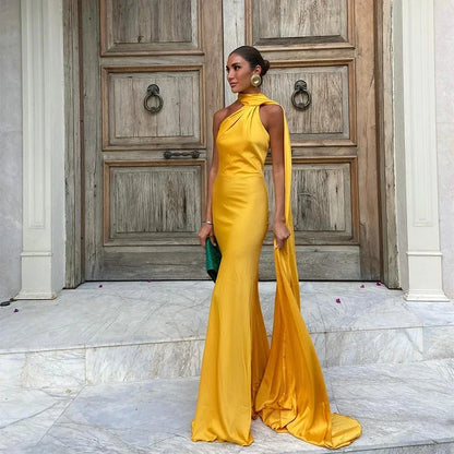 Elegant Backless Long Satin Halter Neck Dress for Women