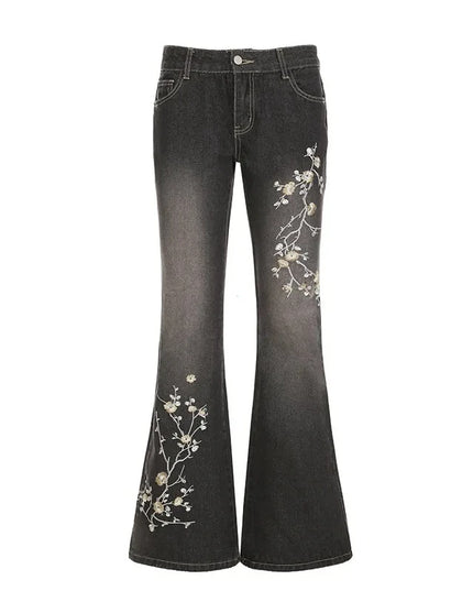 Women's Floral Embroidered Low Rise Flared Denim Jeans