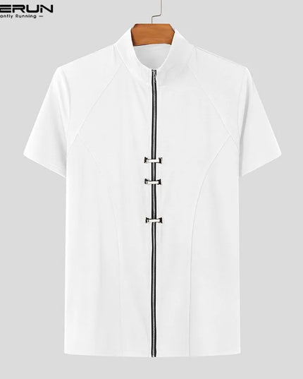INCERUN Men's Slim Fit T-Shirt with Metal Buckle Detail & Zipper