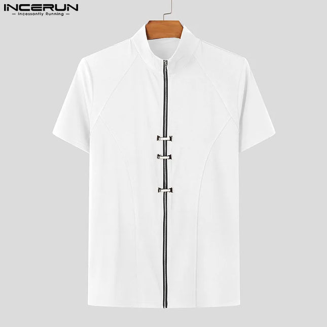 INCERUN Men's Slim Fit T-Shirt with Metal Buckle Detail & Zipper