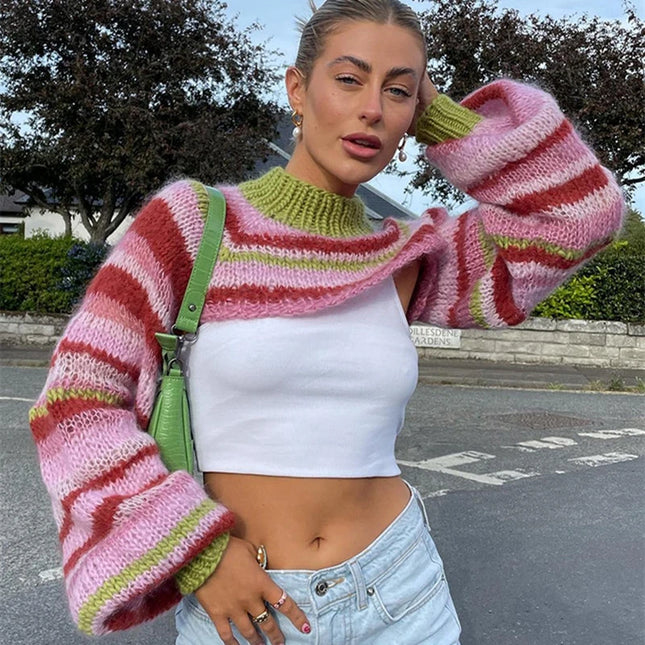 Women's Striped Knitted Crop Top - Chic Sweater Style
