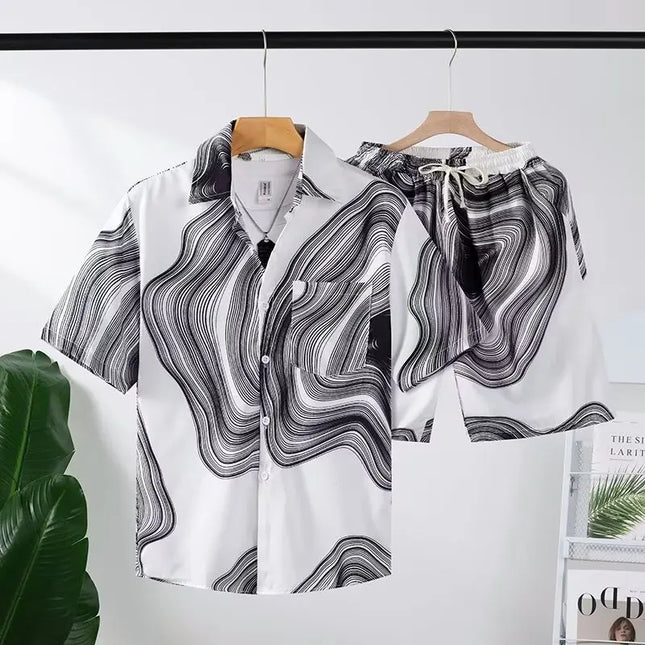 Men's Two-Piece Loose Fit Tie-Dye Striped Shirt and Shorts Set