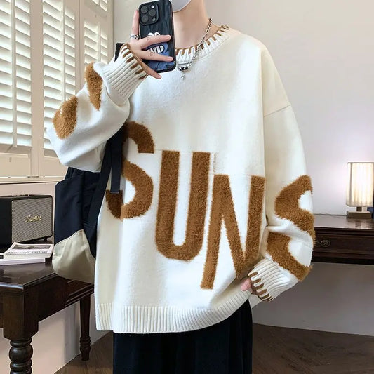 Men's Casual Knitted Loose Fit Jacquard Sweater  
