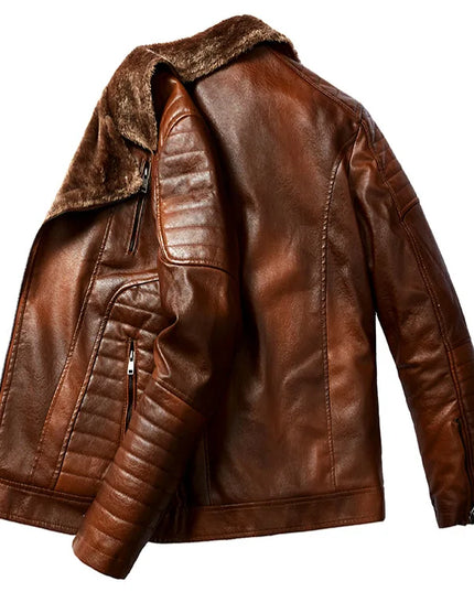 Men's Faux Leather Jacket with Fleece Fur Collar - Various Colors