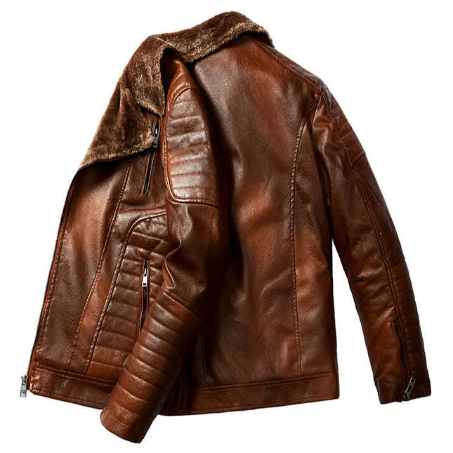 Men's Faux Leather Jacket with Fleece Fur Collar - Various Colors