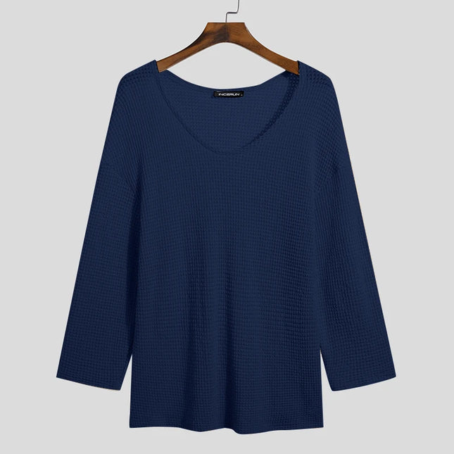Incerun Men's Knitted V-Neck Long Sleeve Hollow-Out Loose Sweater
