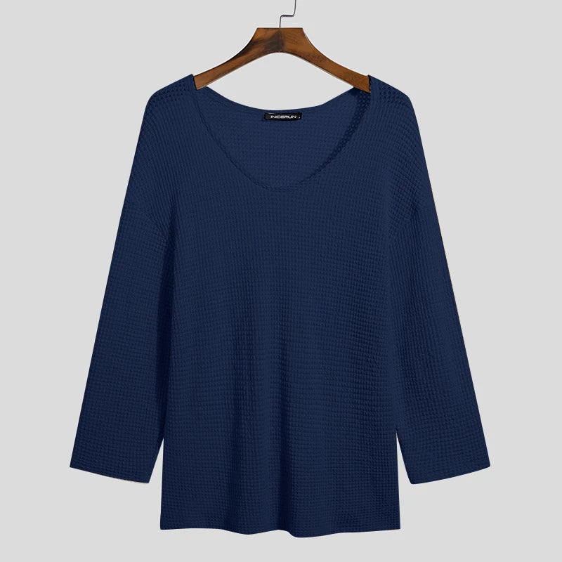 Incerun Men's Knitted V-Neck Long Sleeve Hollow-Out Loose Sweater