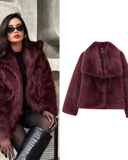 Women’s Plush Faux Fur Crop Jacket - Long Sleeve Stylish Coat