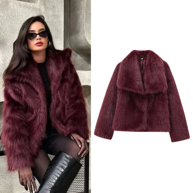 Women’s Plush Faux Fur Crop Jacket - Long Sleeve Stylish Coat