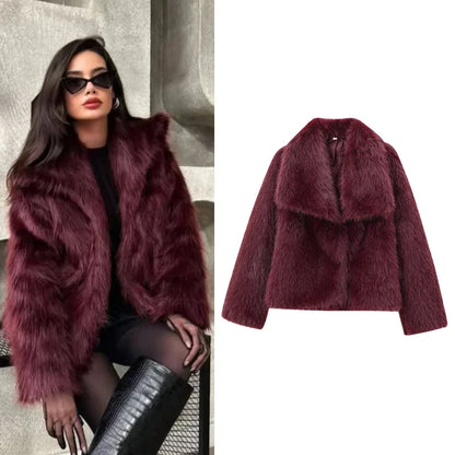 Women’s Plush Faux Fur Crop Jacket - Long Sleeve Stylish Coat