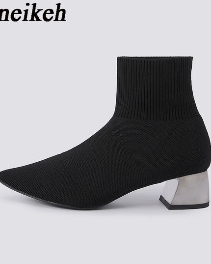 Aneikeh Women's Elegant Knit Stretch Ankle Boots