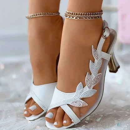 Women's Rhinestone Mesh High Heel Sandals with Buckle Strap & Slingback