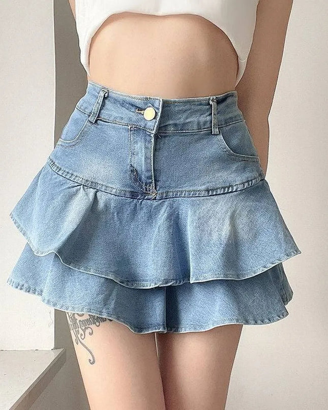 Vintage High-Waist Denim Skirt with Ruffle Detailing