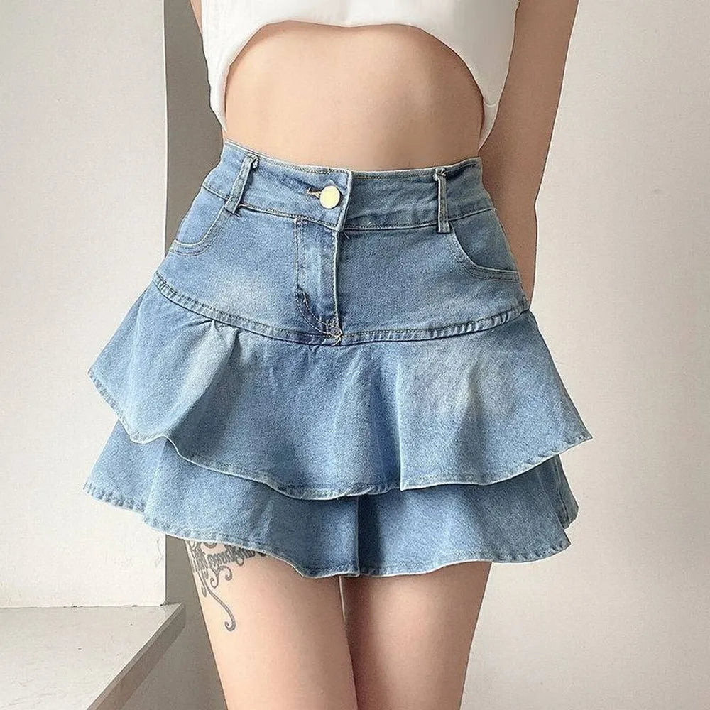 Vintage High-Waist Denim Skirt with Ruffle Detailing