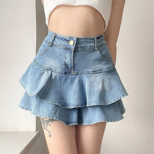 Vintage High-Waist Denim Skirt with Ruffle Detailing