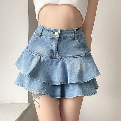 Women's Vintage Denim Skirt – High Waist A-Line Wash, Slim Fit, Ruffle Detailing