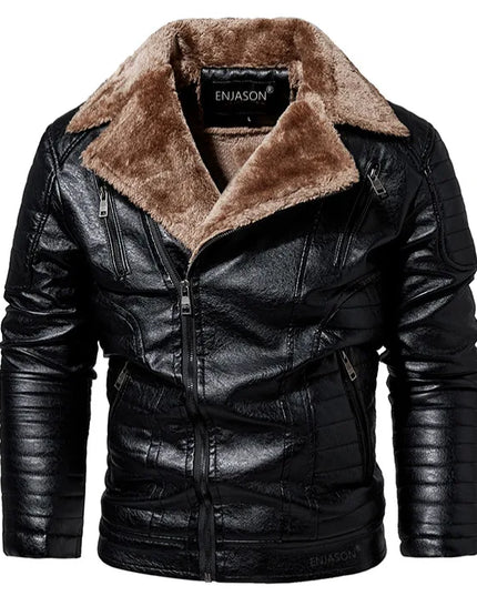 Men's Faux Leather Jacket with Fleece Fur Collar - Various Colors