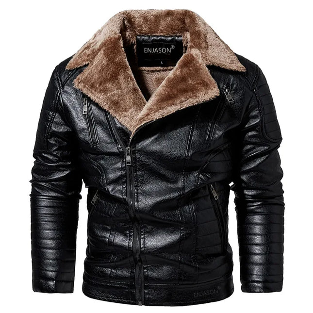 Men's Faux Leather Jacket with Fleece Fur Collar - Various Colors