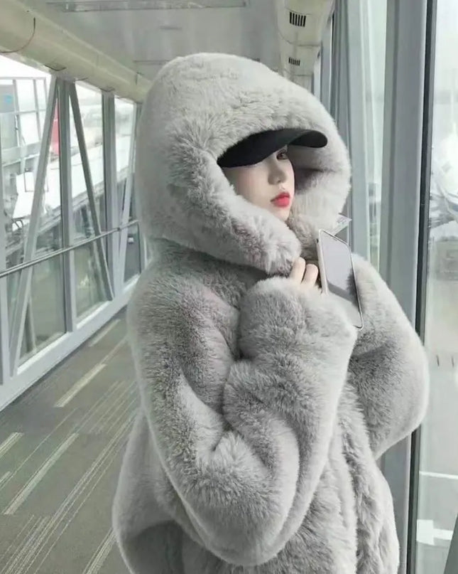 Women's Loose Plush Faux Fur Hooded Jacket