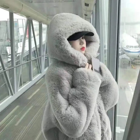 Women's Loose Plush Faux Fur Hooded Jacket