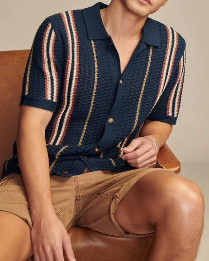 Men's Stylish Knitted Short Sleeve Striped Shirt with Lapel and Button Closure