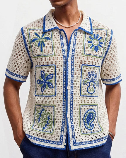 Men's Crochet Short Sleeve Casual Button-Down Shirt