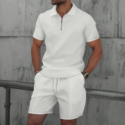 Men's Two-Piece Zip-Up Lapel T-Shirt and Shorts Set - Casual Summer Activewear