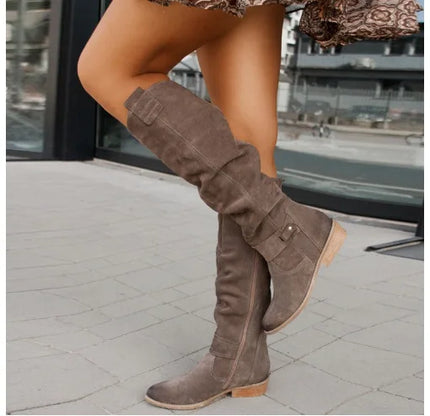 Women's Long Suede Boots with Low Heel and Side Zip - Stylish & Comfortable Footwear