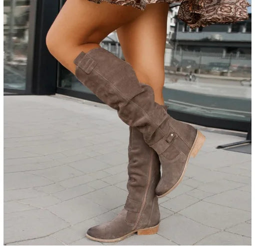 Women's Long Suede Boots with Low Heel and Side Zip - Stylish & Comfortable Footwear