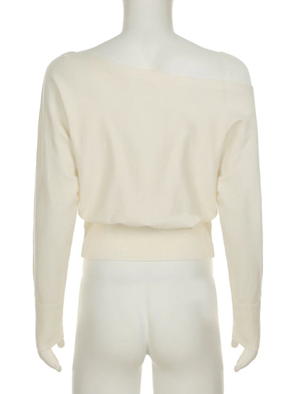Women's Off-Shoulder Sweater with Loose Slash Neck, Long Sleeves, and Knit Fabric